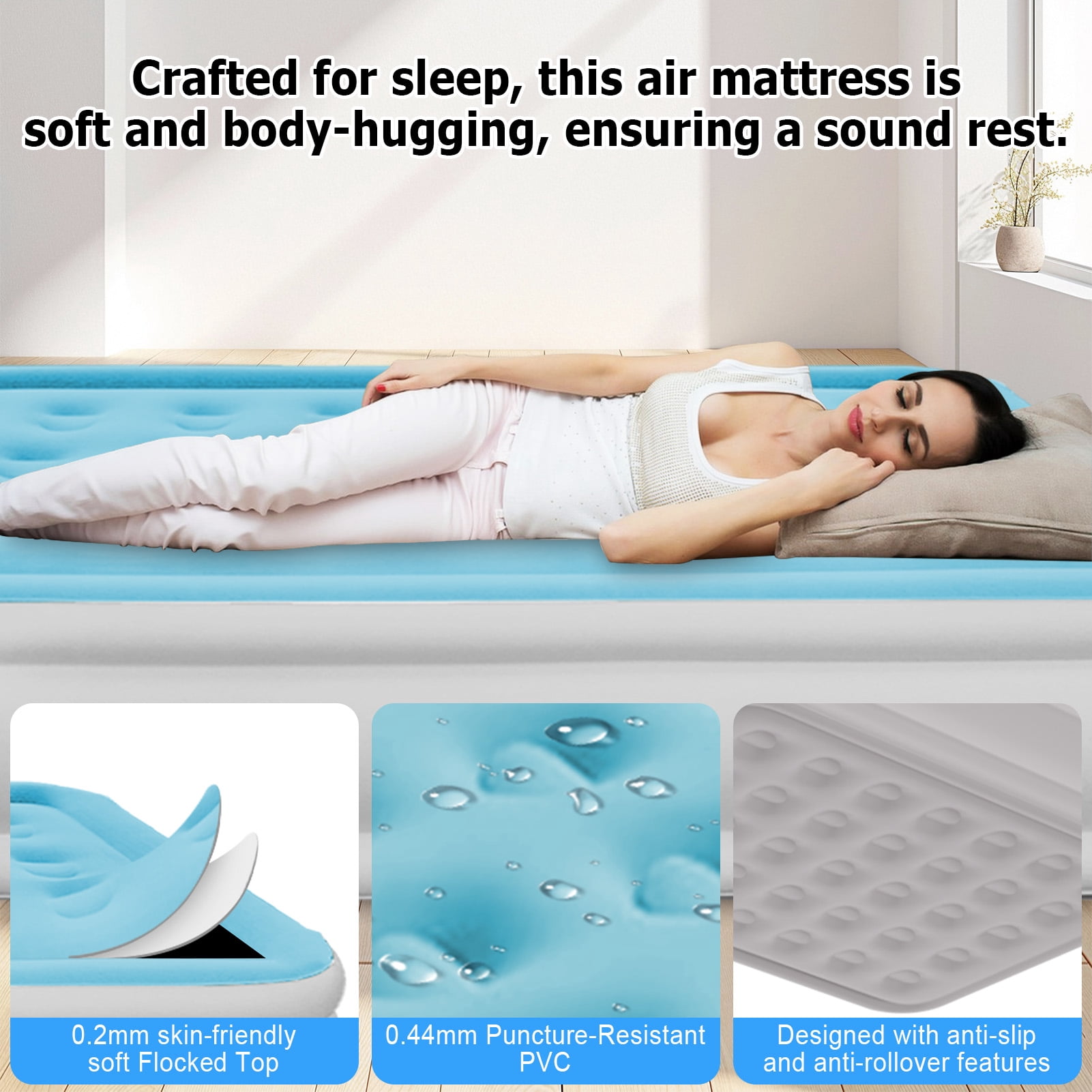 Full Air Mattress with Built-in Pump 18" Top Flocking,Raised Comfort,Fast Inflation/Deflation Foldable Portable Air Bed with Storage Bag for Home,Camping,Guests Light Blue