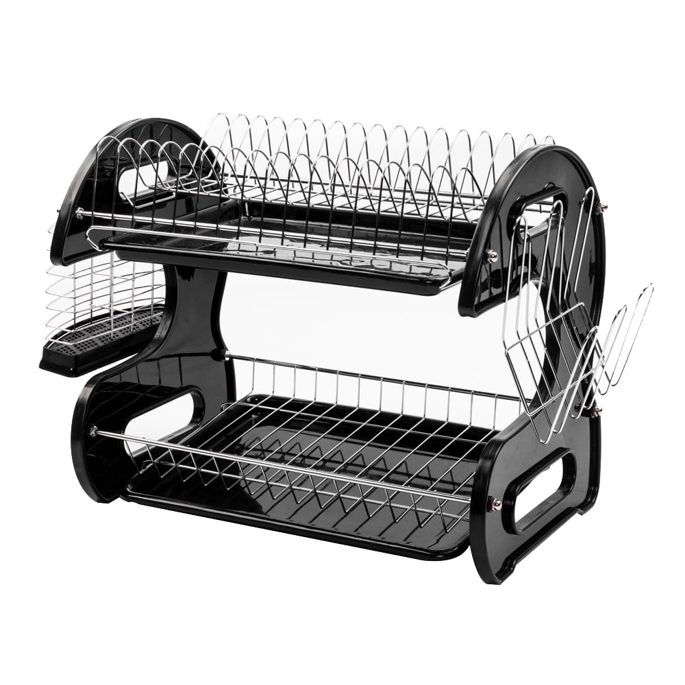 Black Dual Layer Metal Dish Drying Rack with Utensil Cup
