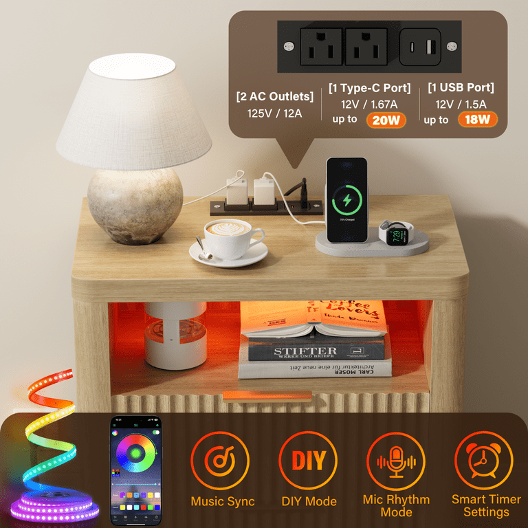 Homall Nightstand with Charging Station & LED Lights, Heavy-Duty Modern End Table with 2 Drawers, Bedside Table for Bedroom, Living Room, Natural