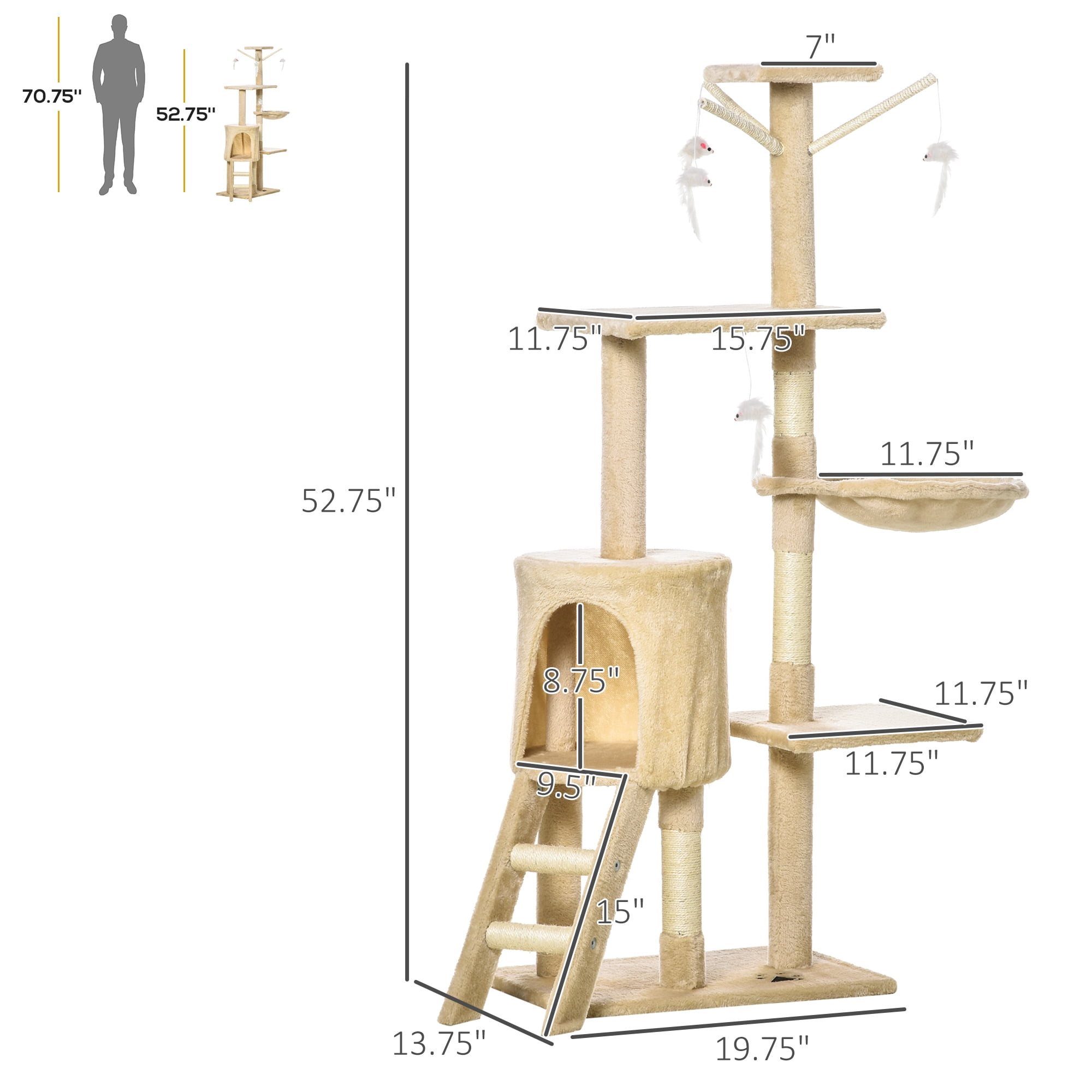 53" Interactive Cat Condo Tower Scratching Post Activity Tree House Plush Sturdy Cat Tree- Beige