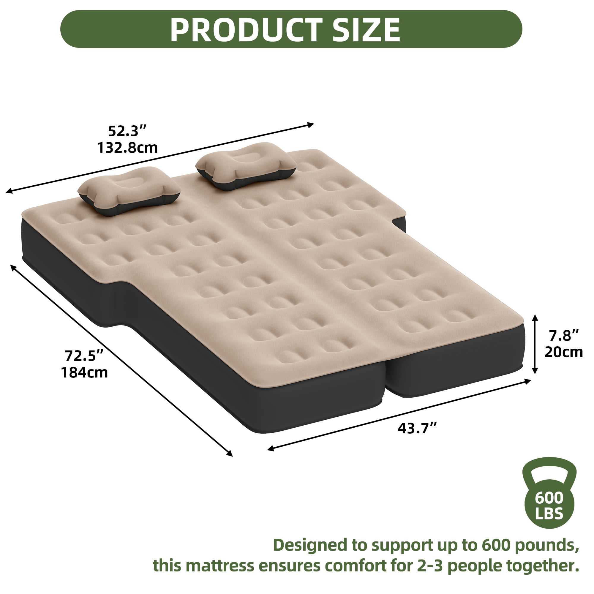 Uforic Inflatable Car Air Mattress with Pump, Portable SUV Air Bed with Pillows for Camping, Home, Travel, Brown