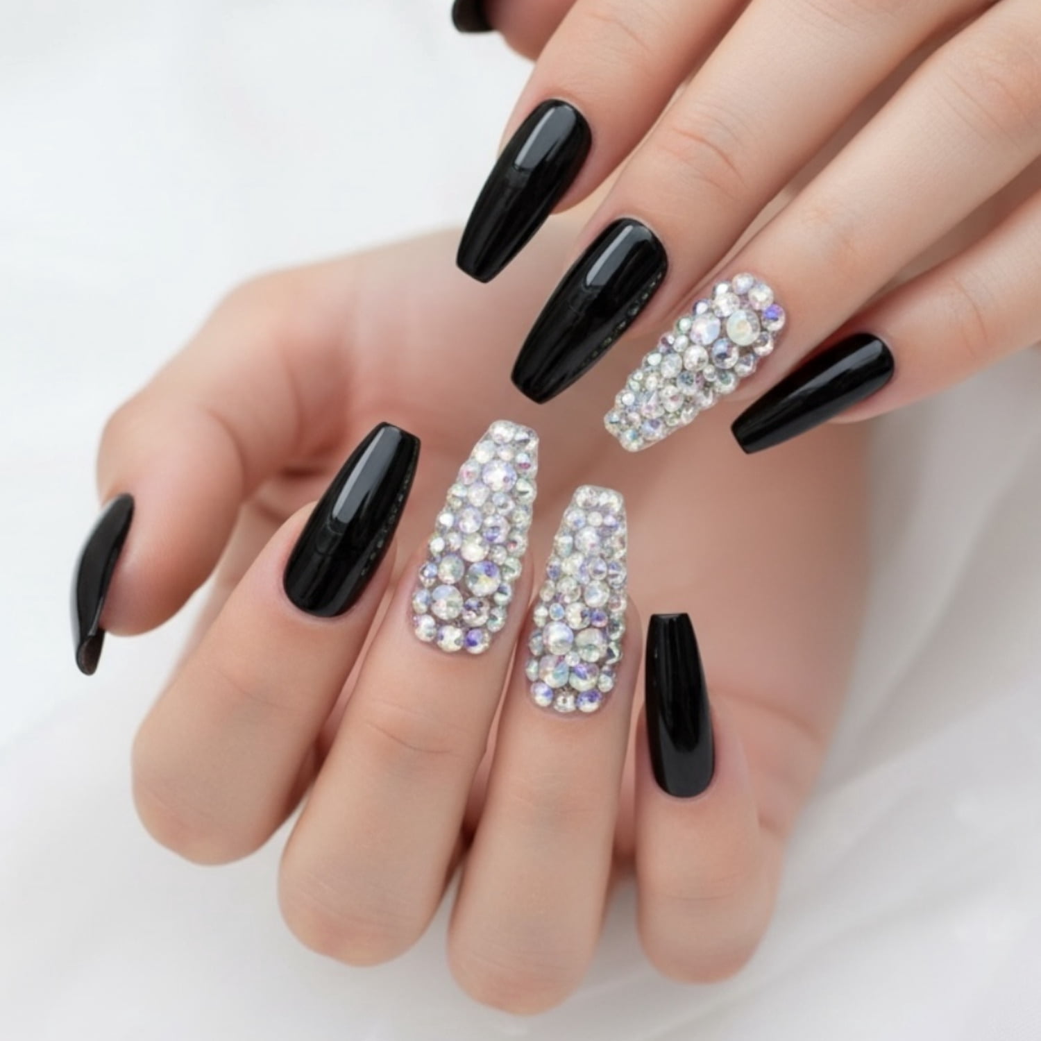 Black 3D Crystal Press On Nails, Extra Long Ballerina Rhinestones Fake Nails Set, Sparkle Night