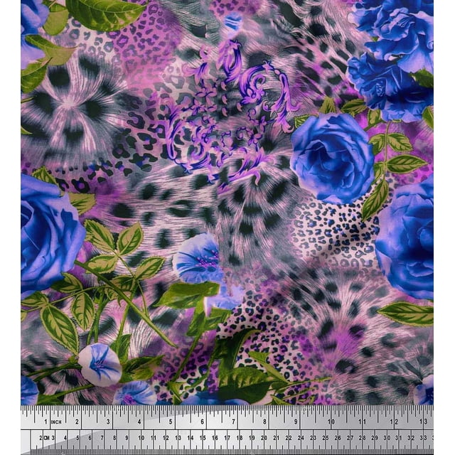 Soimoi Blue Poly Georgette Fabric Leopard Skin,Leaves & Floral Printed Fabric 1 Yard 42 Inch Wide