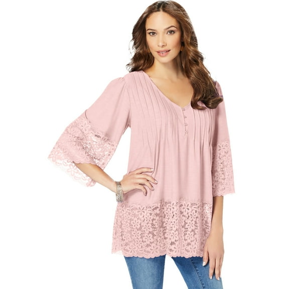 Roaman's Women's Plus Size Lace-Hem Pintuck Tunic