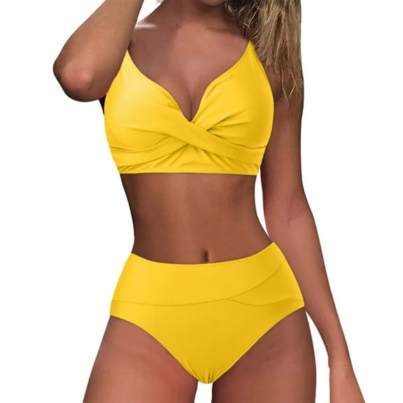Wioihee Women High Waisted Bikini Sets Two Piece Swimsuit Push Up Twist Front Ruched Bathing Suit Yellow 10(XL)