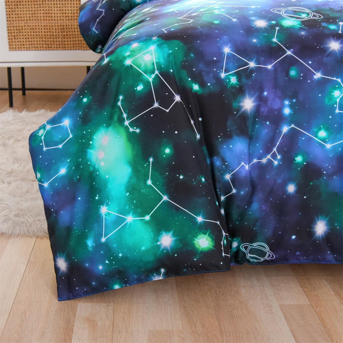 NTBED Tie Dye Constellation Ombre Comforter Set Queen Size Gradient Galaxy Bedding Set for Kids Girls Boys Black and Green 3Pcs