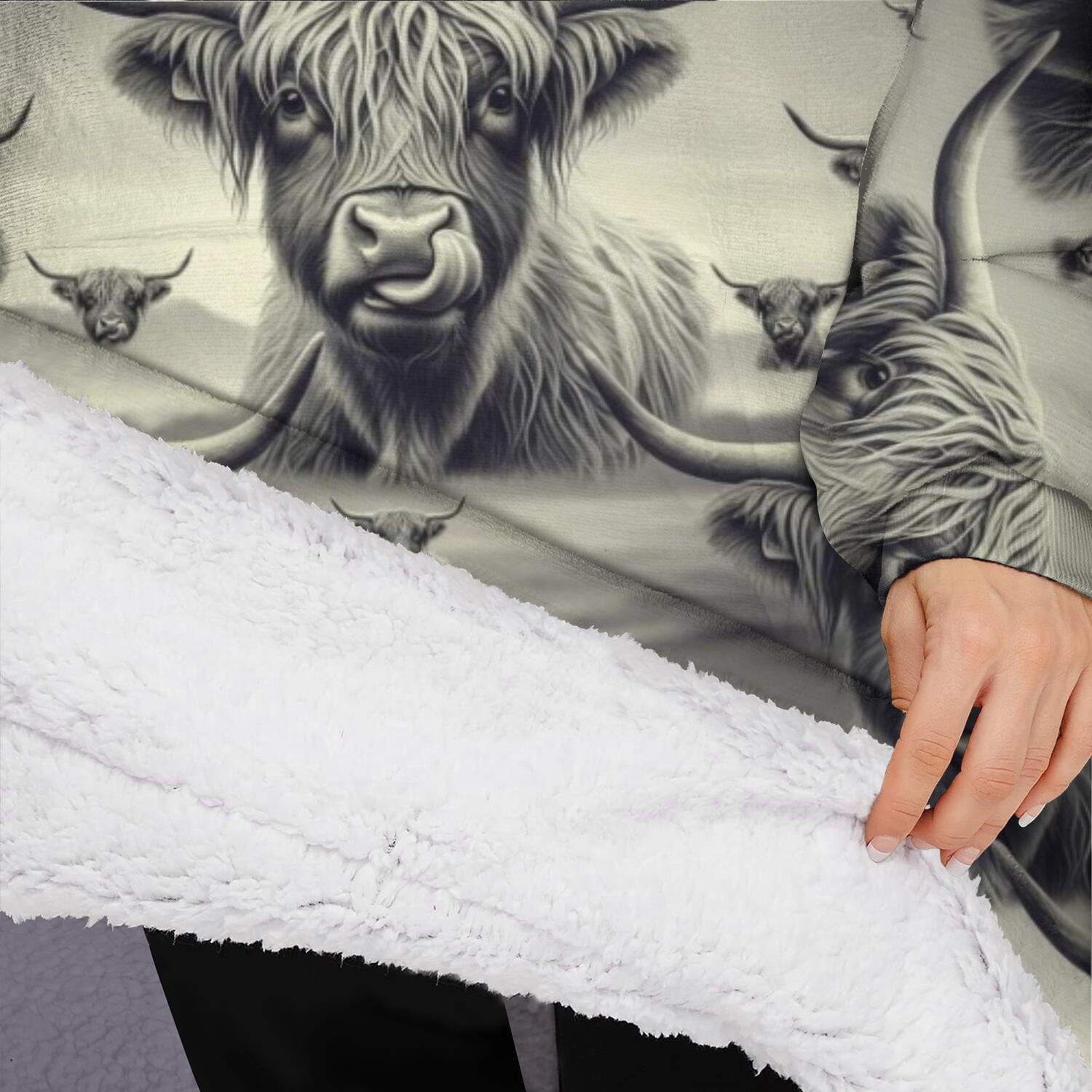 Oversized Wearable Blanket Hoodie,Gray Highland Cow Layer Pattern Sherpa Blanket Hoodie with Super Pockets,Super Warm Fuzzy Pullover for Women & Men