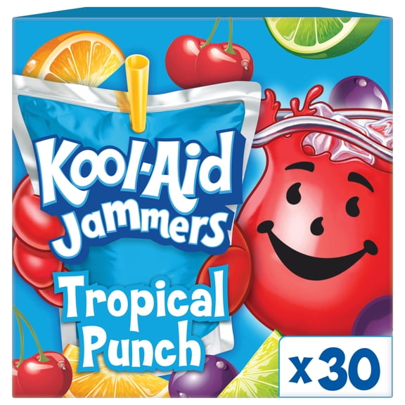 Kool-Aid Jammers Artificially Flavored Drink, 30 Pouches, for School Lunches and On-the-Go Hydration, Tropical Punch Artificially Flavored, Excellent Source of Vitamin C, 6 fl oz