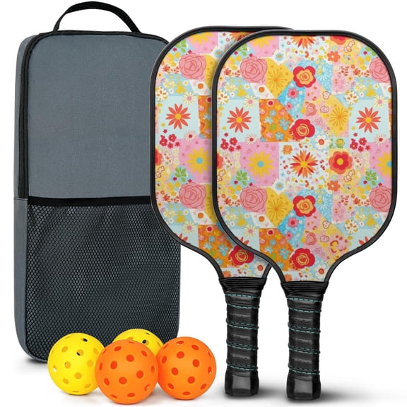Pickleball Paddles Set,Pioneer Flower Floral Print Pattern Fiberglass Surface Pickleball Racket Set with 2 Indoor Outdoor Pickleball Balls and Pickleball Bag,Pickle-ball Equipment