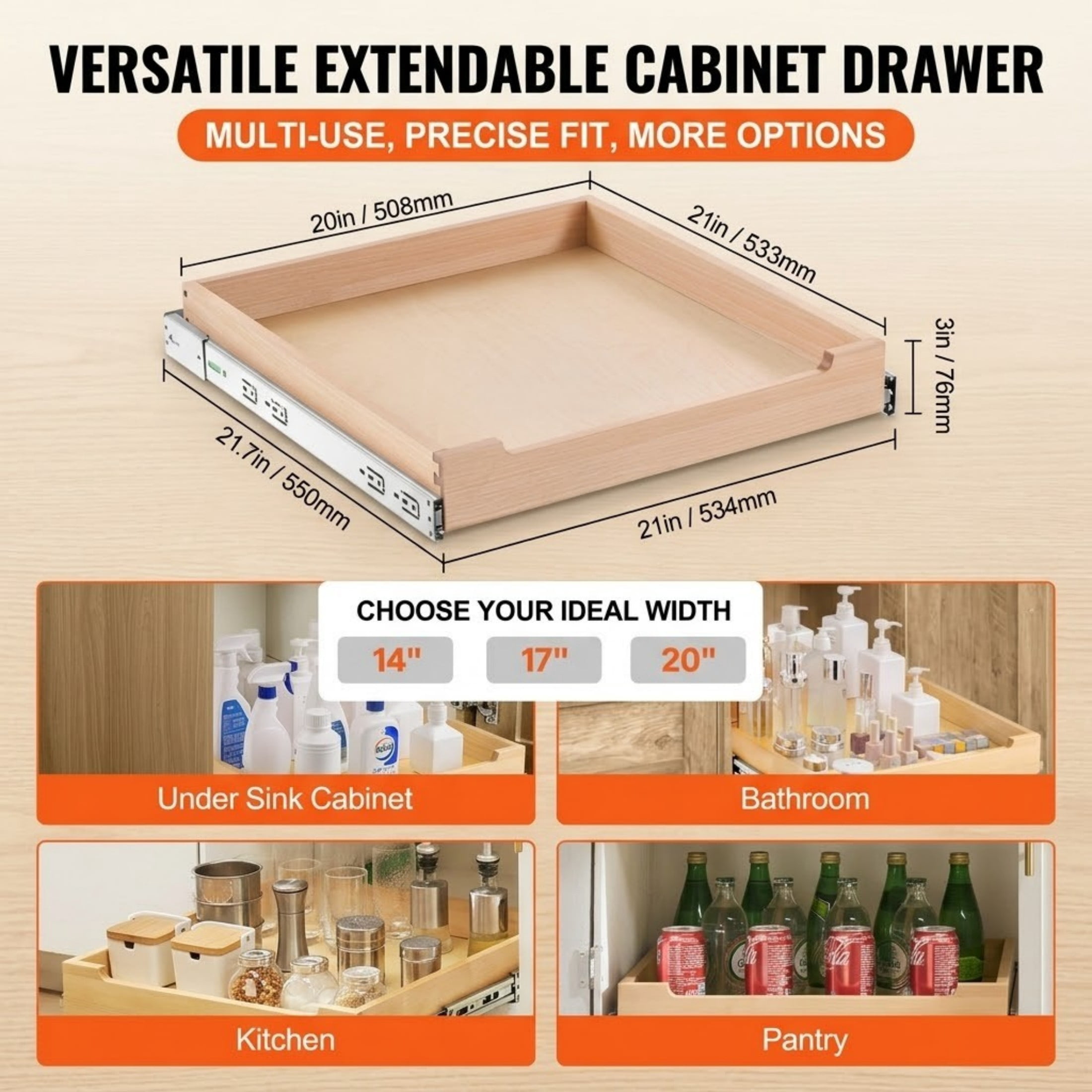 20"W x 21"D Pull Out Cabinet Organizer, Soft Close Slide Out Shelf, Heavy Duty Sliding Wood Drawer, Bottom & Side Mount for Kitchen, Pantry, Bathroom