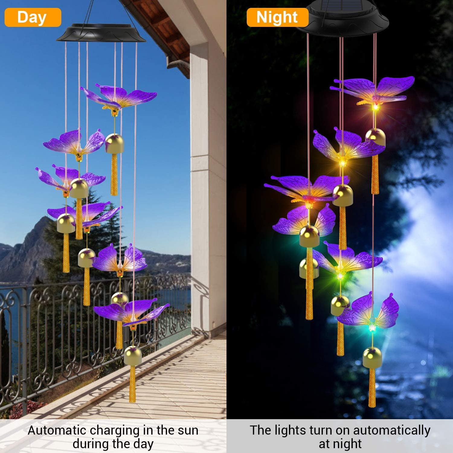 Rizzon Wind Chime,Solar Lights Chimes,Color Butterfly Bell Wind Chimes Outdoor Decor,Yard Decorations Solar Light Mobile,Butterfly Gifts,Birthday Gifts for Mom Grandma 