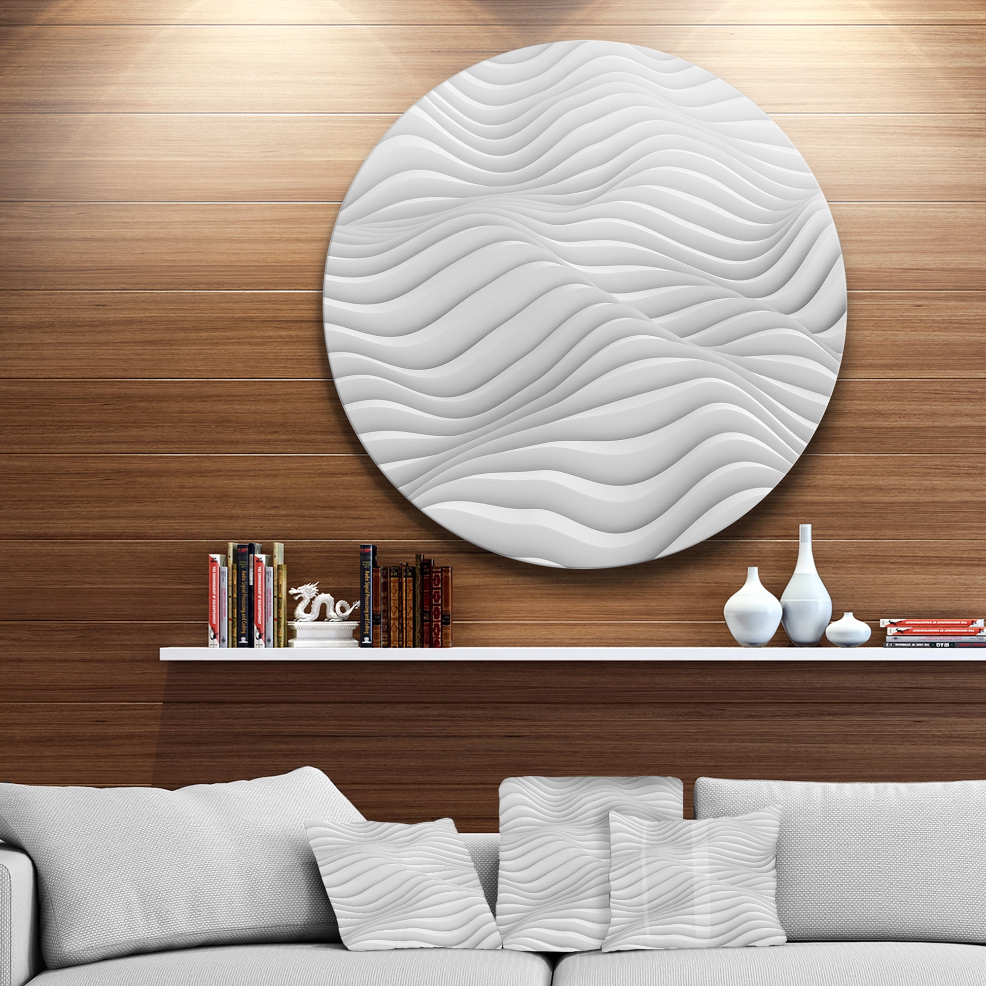 Designart 'Fractal Rippled White 3D Waves' Abstract Circle Metal Wall Art