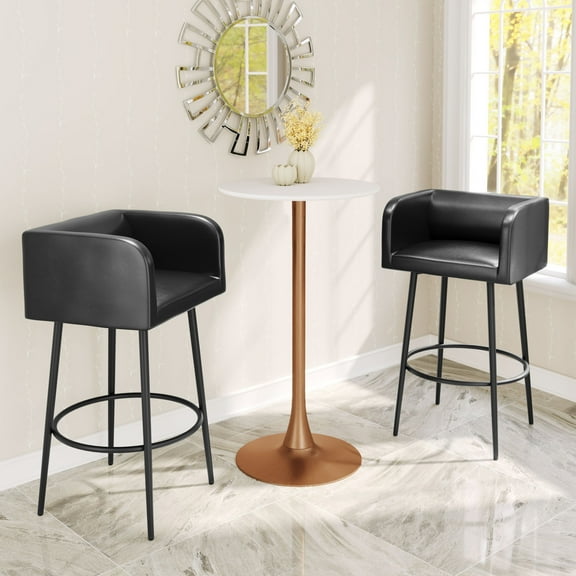 Auray Bar Table White & Gold Bar Table, Modern Style, Faux Wood MDF round shape tabletop, Steel, Indoor Bar