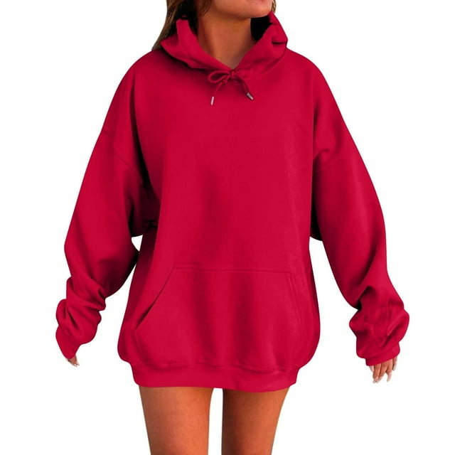 Baberdicy Chandails à Capuchon Surdimensionnés Rouges pour Femmes en Coton d'Hiver, Chandails Molletonnés à Enfiler, Hauts Mode 2024, Tenues Tendance, S