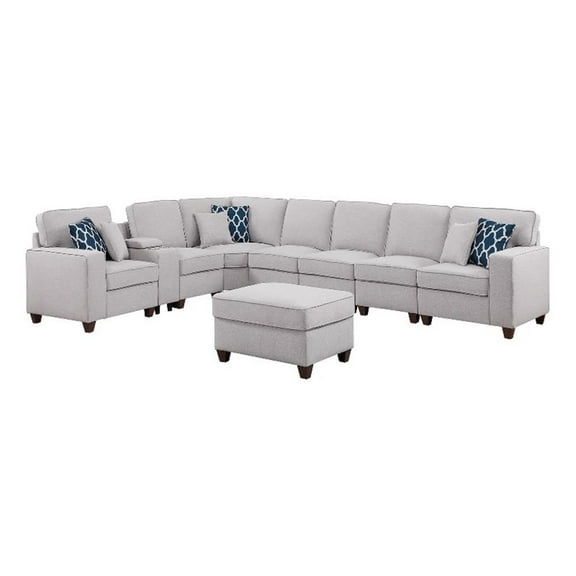9-Piece Linen Fabric Upholstered Sectional With Console & Ottoman-Light Gray