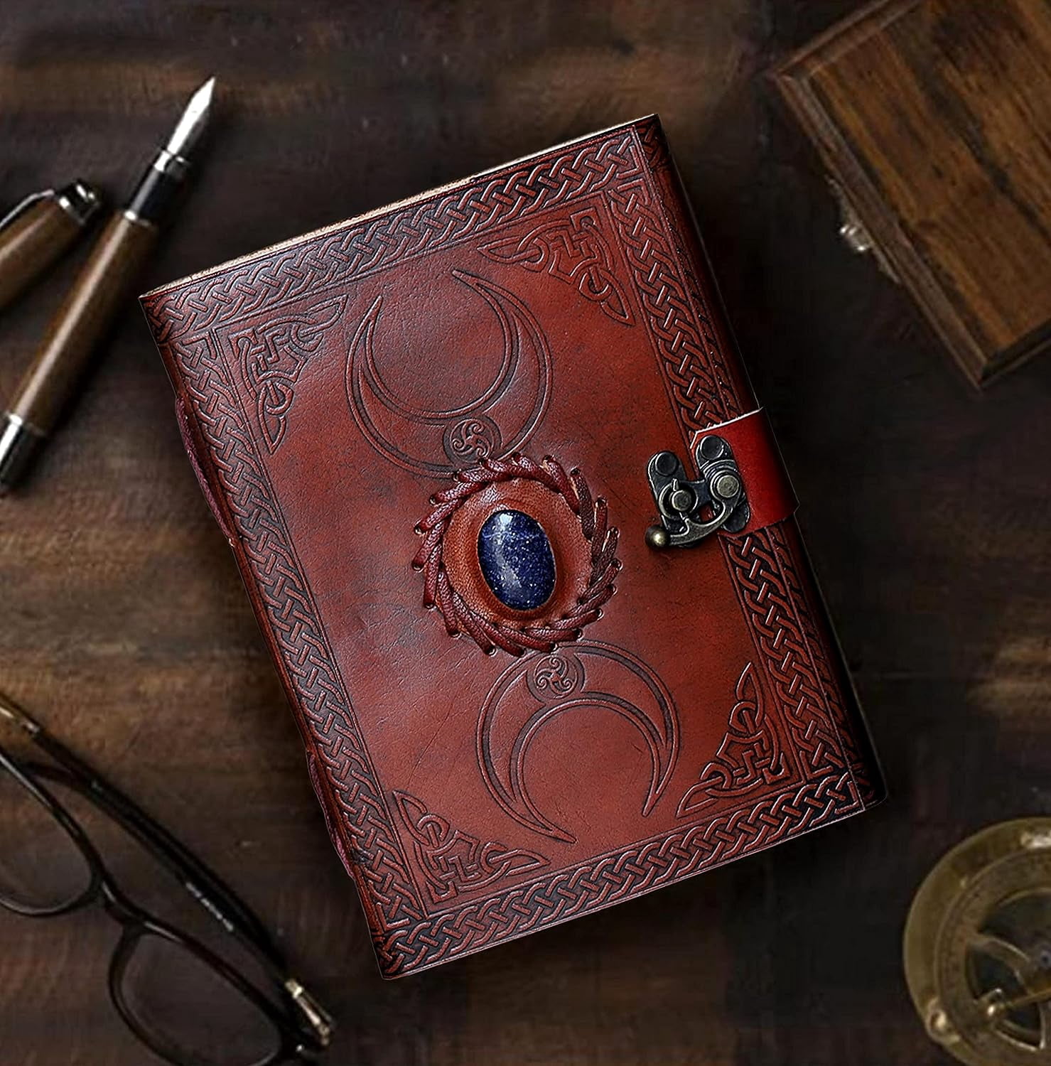 RUZIOON 3 Moon Blue Lapiz Embossed Vintage Leather Journal | 200 Pages of Antique Handmade Deckle Edge Vintage Paper, Leather Sketchbook, Drawing Journal, Great Gift (5 by 7 inch, brown)