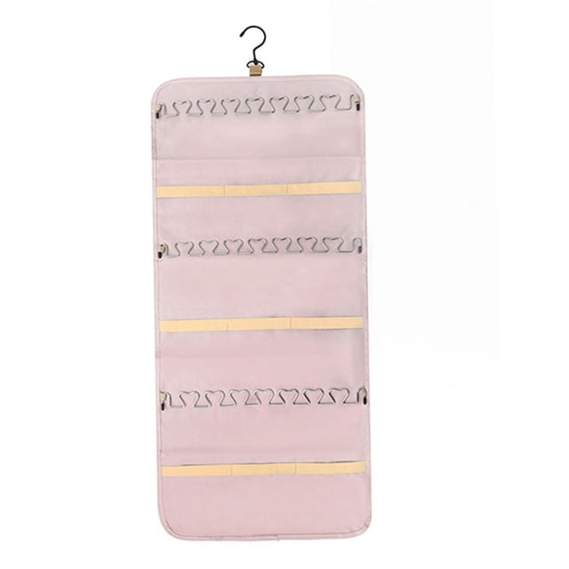 Organizador de joyas de doble cara, organizador de joyas colgante, soporte de joyería plegable de pared antienredos con 48 bolsillos. Rosa