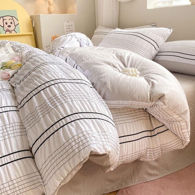 White Black Stripe Ruffled Seersucker Duvet Cover Soft Princess Solid Color Bedding Set with Fitted Sheet Pillowcases Simple