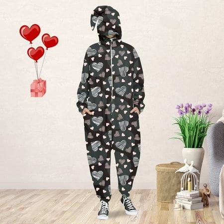 

HAXMNOU Men s And Women s Valentine s Day Love Print Hooded Pullover Zipper Pajamas Party Couple Set A M