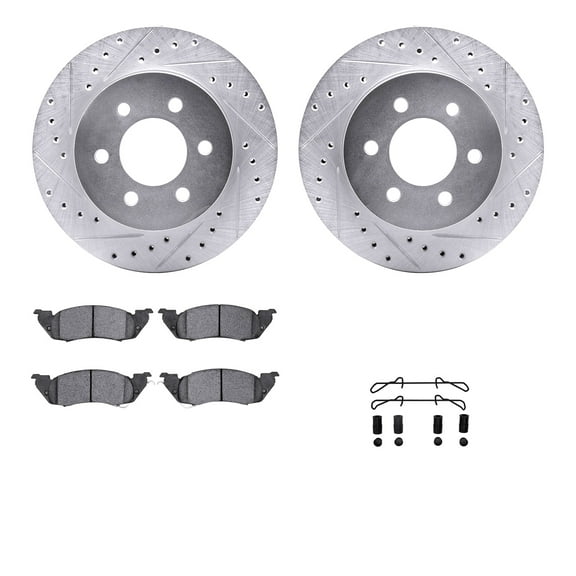 Dynamic Friction Company Front Brake Rotors-Drilled and Slotted-Silver with 5000 Advanced Brake Pads includes Hardware 7512-40057
