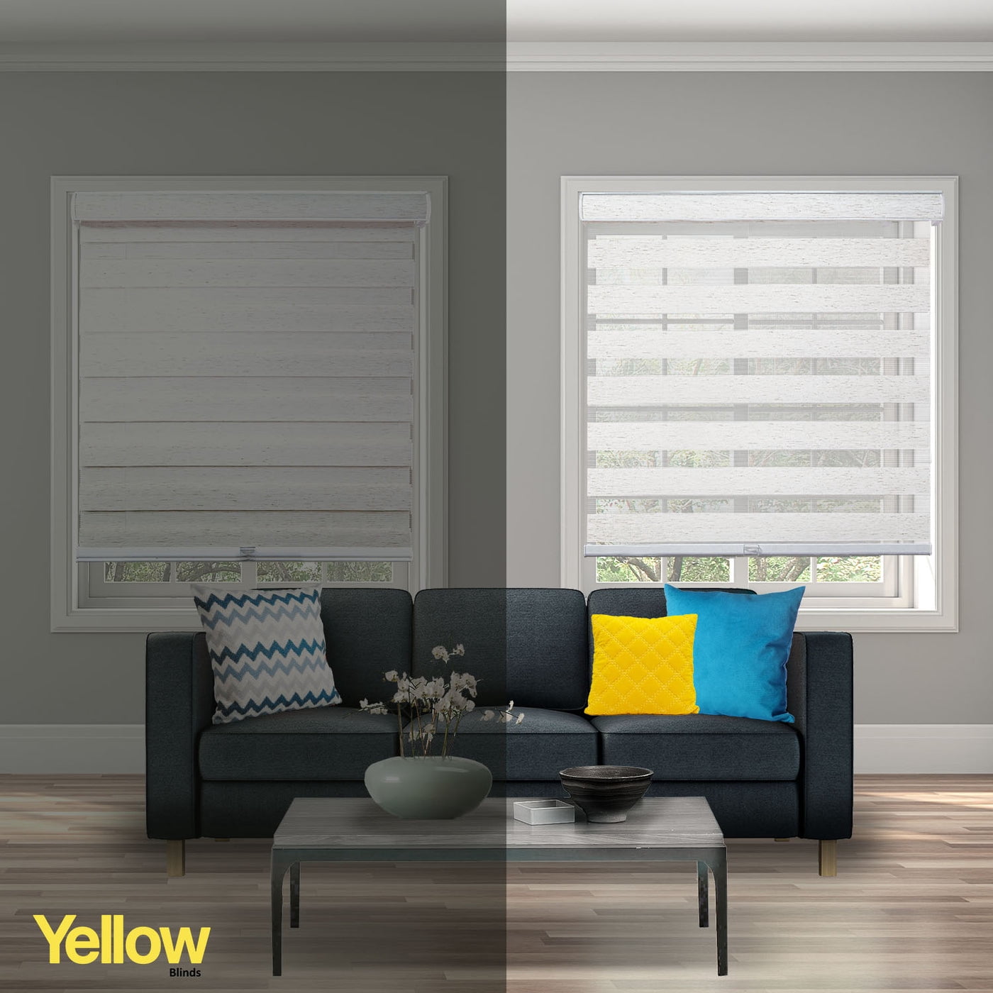 YELLOW BLINDS Natural White Cordless Zebra Roller Shades for Windows, Dual Layer Light Filtering & Room Darkening, 27"W X 72"H, Modern Window Blinds with Cassette Valance, Safe for Kids & Pets