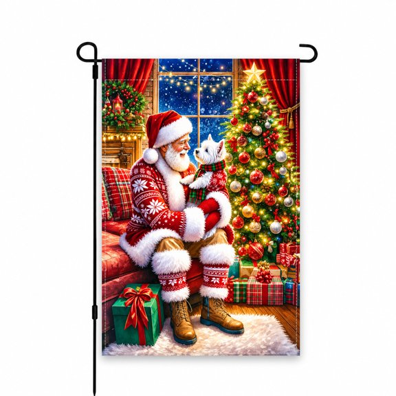 Festive Christmas Garden Flag 12x18 Inch – Santa and Dog by Christmas Tree – Holiday Outdoor Decor for Patio, Porch, Yard, or Lawn Display