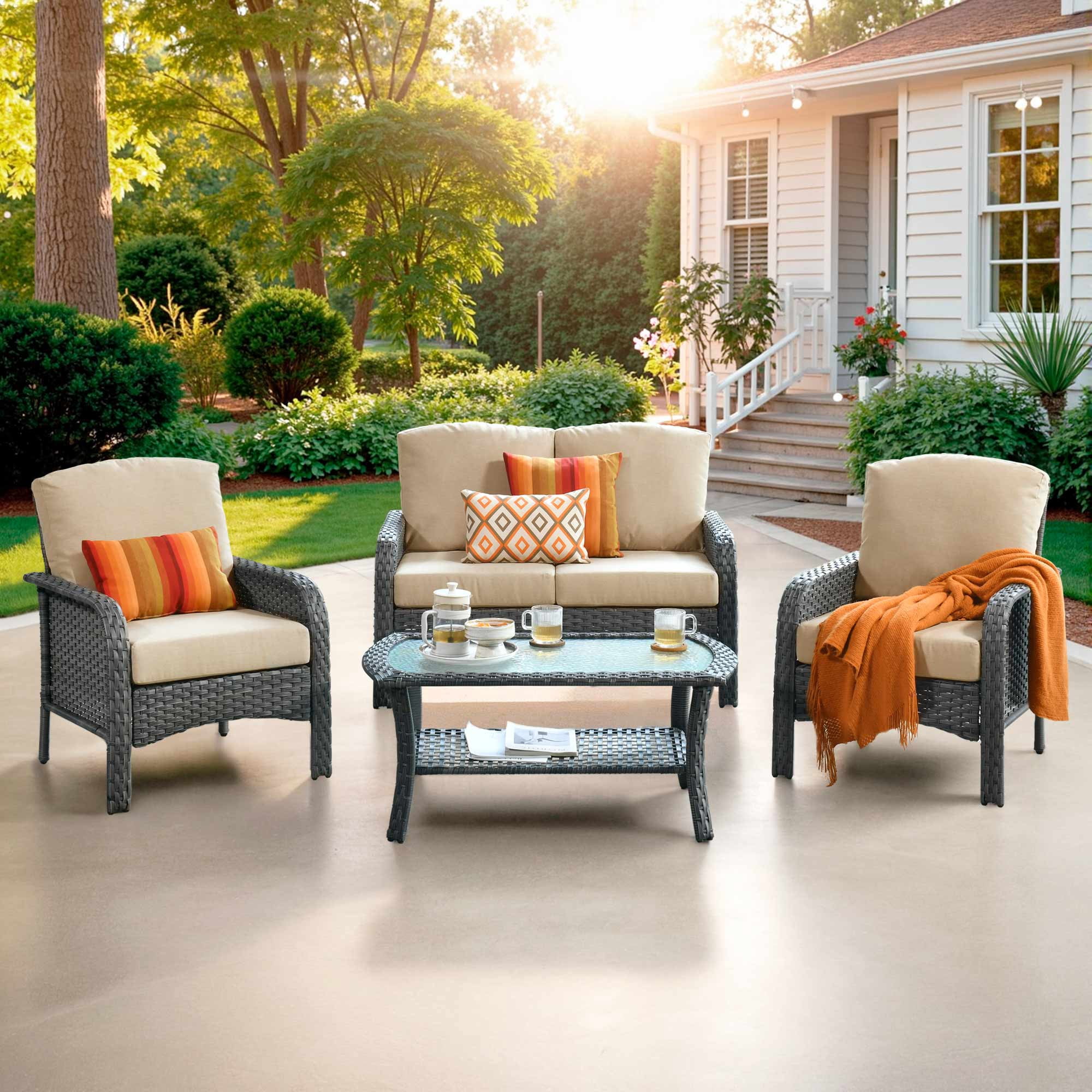 Ovios 4 Pieces Patio Furniture Outdoor Sectional Set Modern High Back All Weather Wicker Conversation Set with Coffee Table for Garden, Backyard, Beige