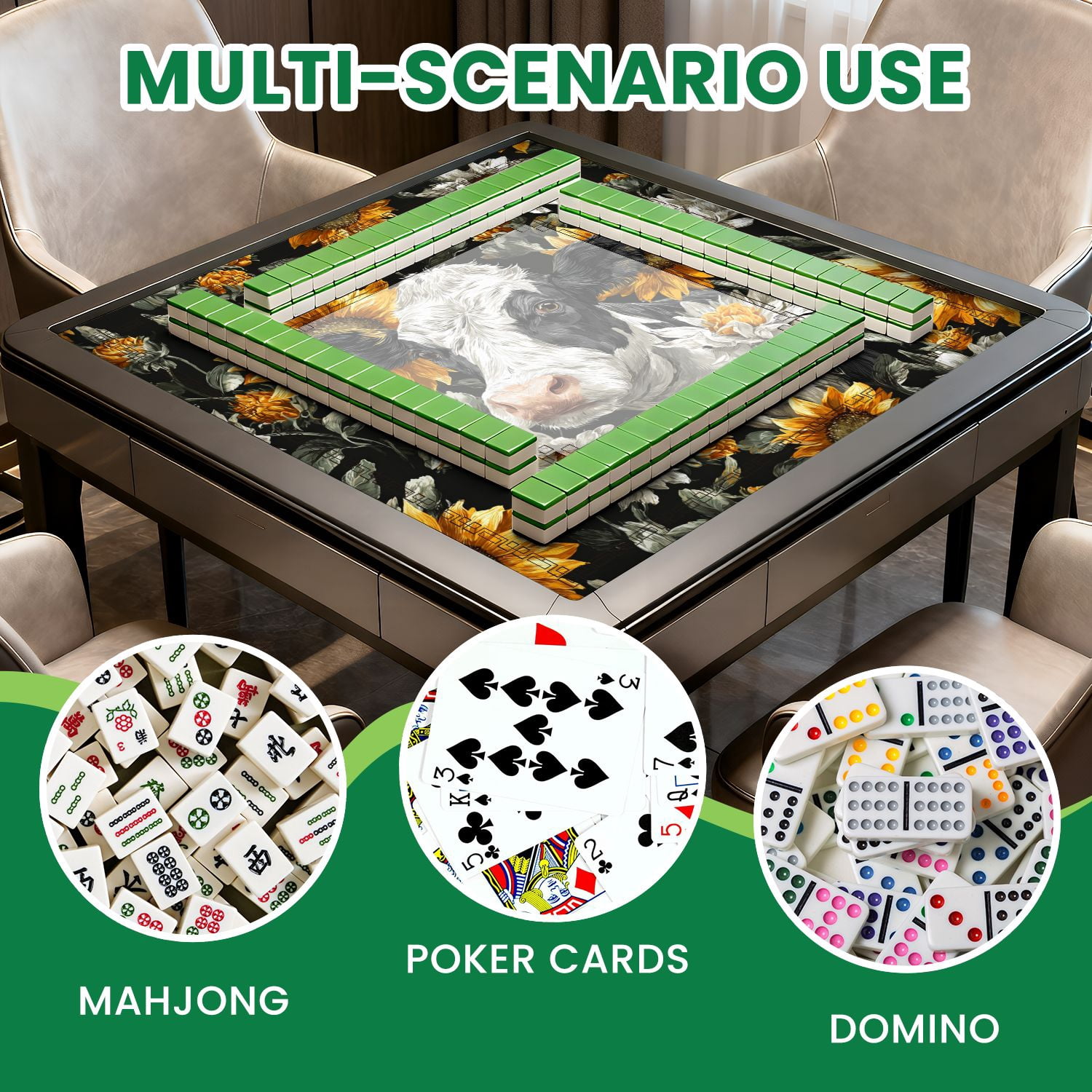 Mahjong Mat 31.5" x 31.5" Black White Cow Print Sunflowers seamless Non-Slip Noise Reduction American Mahjong Tiles Table Cover for Dominoes Poker Card Board Games Gift