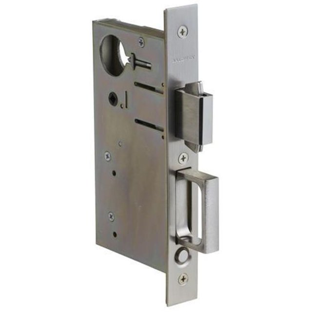 Baldwin 8602056 2.75 in. Backset Pocket Door Lock with Pull for Privacy & Entry - Lifetime Satin Nickel