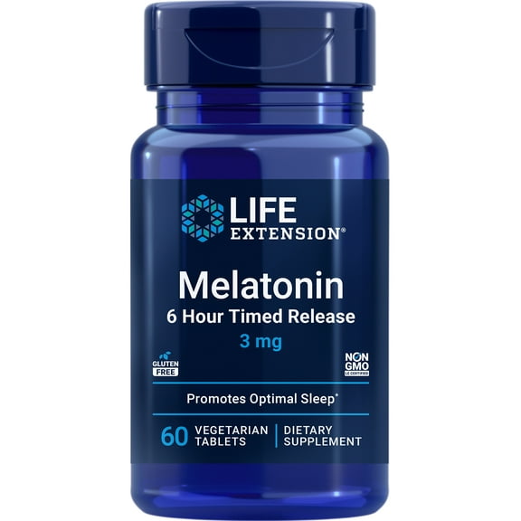 Life Extension Melatonin 6 Hour Timed Release, 3 mg, extended-release formula for optimal sleep support, healthy circadian rhythms, cellular defense, gluten-free, non-GMO, vegetarian, 60 tablets