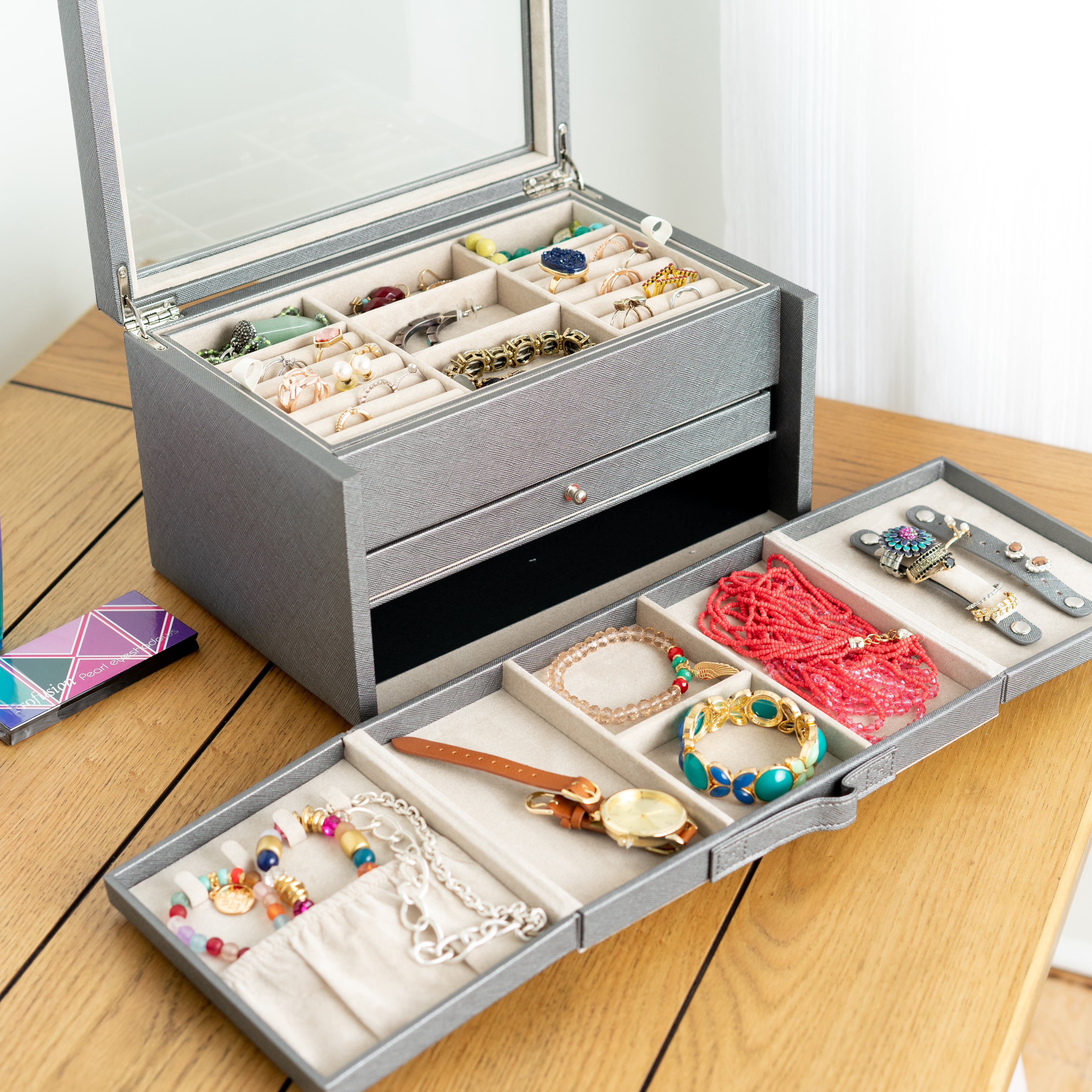 Hives and Honey Danielle Leather Jewelry Box for Women, Pewter