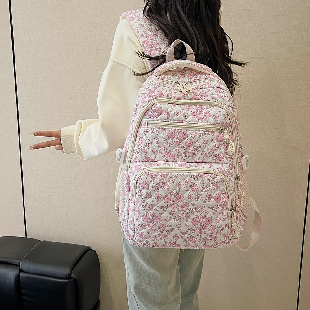 This 3-piece backpack set comes with a cute floral quilted backpack, a medium-sized messenger bag and a small travel storage bag for ladies, presenting a simple and comfortable look