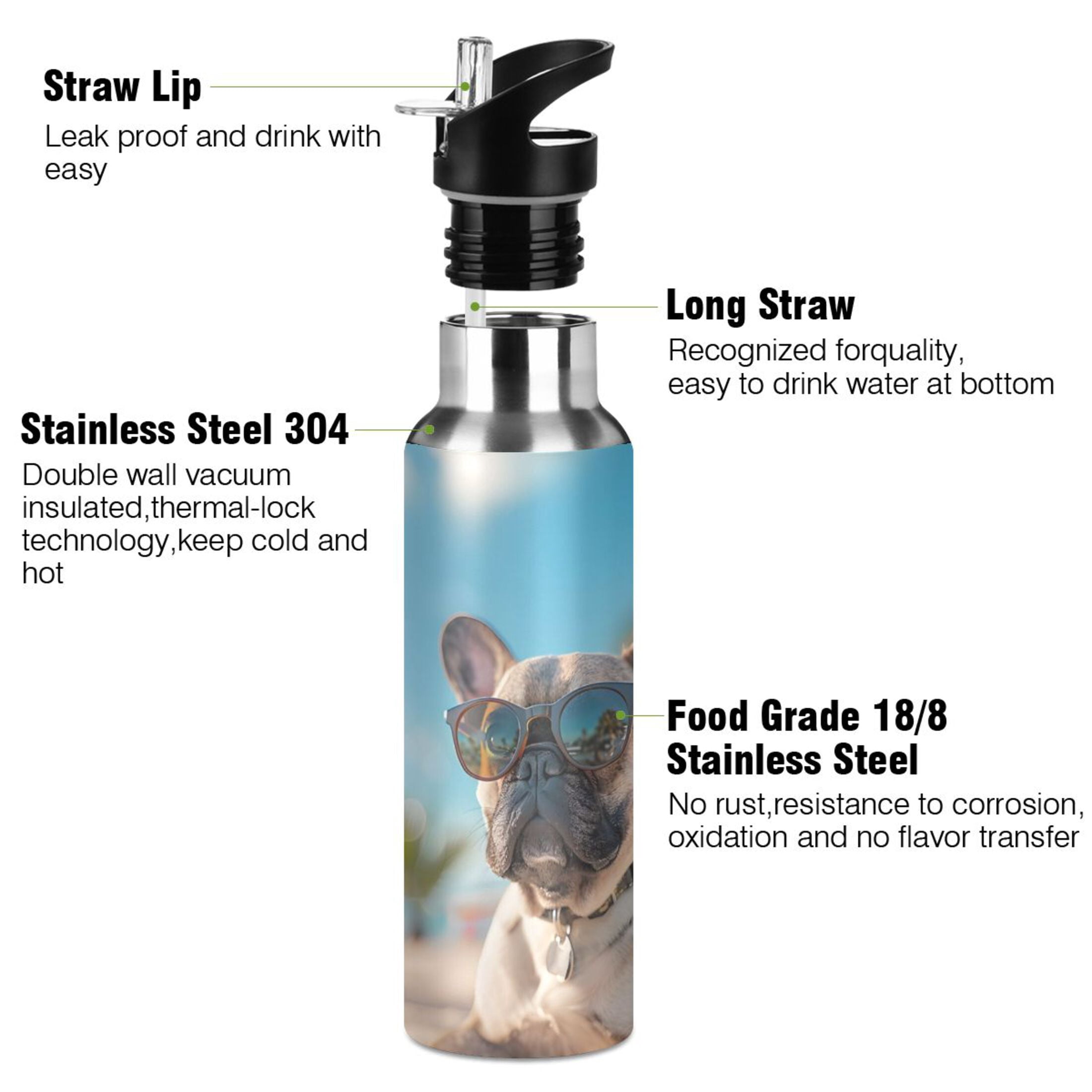 French Bulldog with Glasses Beach Sports Bottle with Straw Stainless Steel Water Jug Portable Thermal Cup Leak-proof 600ML