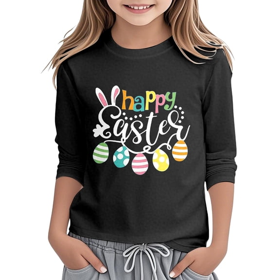 WOYY Easter T-Shirt for Girls Graphic Tee 3/4 Sleeve Round Neck T Shirt Top, Sizes 3-14