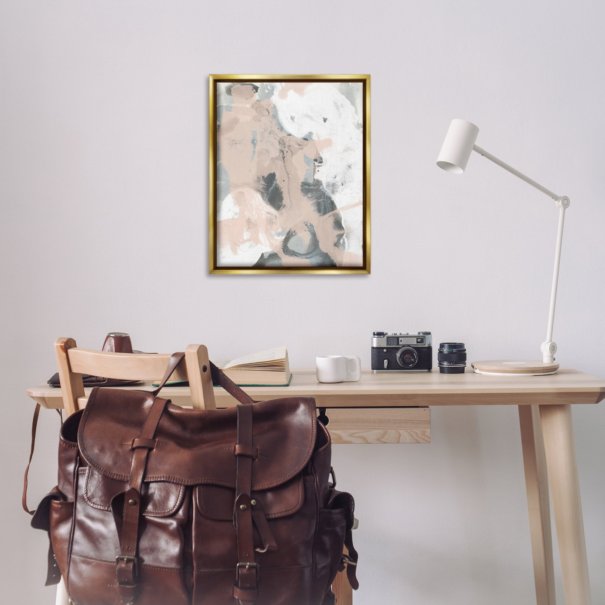 Stupell Industries Beige & Grey Splash Abstract Painting Gold Floater Framed Canvas Art Print Wall Art, 25 x 31