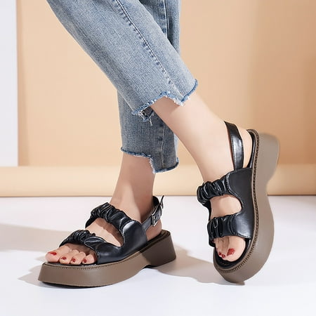 

ZIZOCWA Summer Women Roman Sandals Ankle Buckle Beach Pleated Leather Wedges Women S Sandals Thick Bottom Soft Sole Open Toe Shoes 2023 Khaki Size7