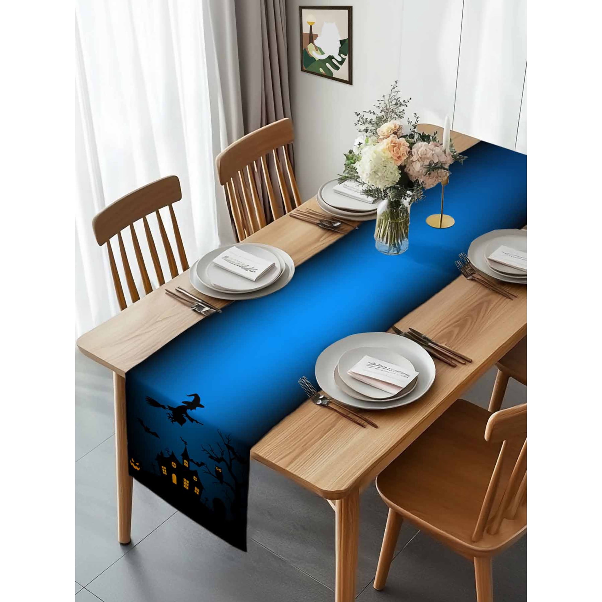 Halloween Scary Night Table Runner 120 Inches Long Non-Slip Kitchen Table Runners for Dining Room Everyday Use Party Table Decorations Castle Haunted House Witch Bat Pumpkin