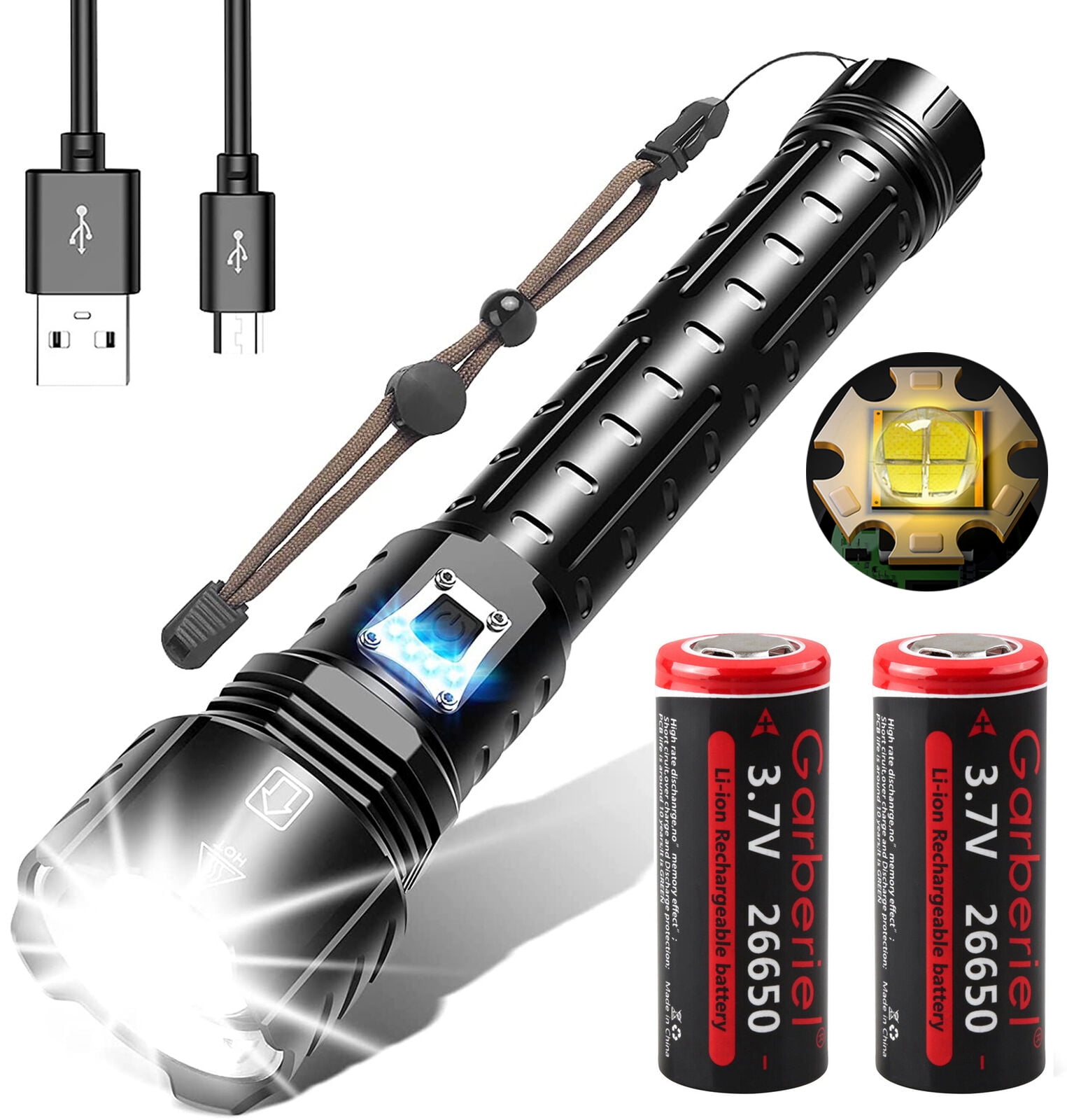 Garberiel XHP90.2 Super Bright 120000Lumens Batteries Waterproof with Camping 26650 Rechargeable 2PCS USB Flashlight Hiking Torch Zoom Tactical for LED