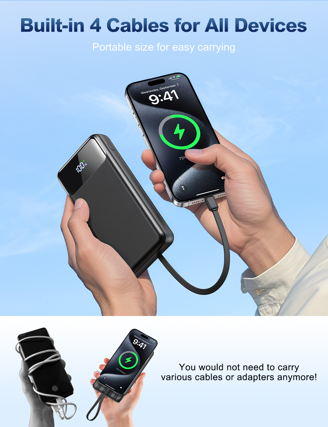 Breezio 50000mAh Portable Charger with Built-In Cables, Black photo 6