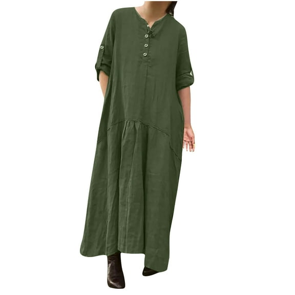 Wycnly Summer Dresses for Women Casual Solid Button Down Loose Cotton Linen Pleated Swing Pocket Long Dresses 2025 Elbow-Length V-Neck Plain Maxi Formal Dress Army Green l