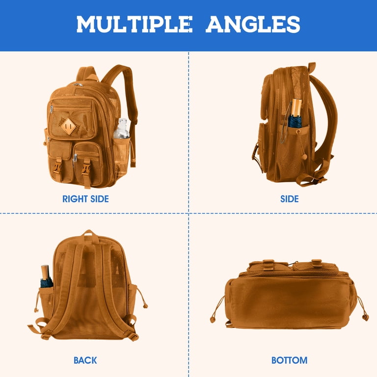 backpacks with leather bottom and lots of compartments pockets graphic Dakimoe Mesh Backpack School Backpacks Large Capacity See Through Bookbag Stadium Approved with Multiple Compartments Pockets for School(Khaki), Adult