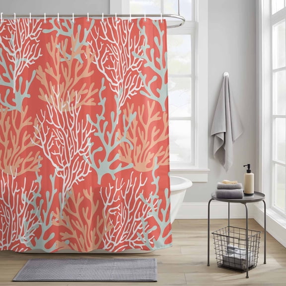 Bathroom Shower Curtain Summer Watercolor Ocean Coral Waterproof Shower Curtains with Hooks, Marine Life on Tangerine Bath Curtains Bathtub Curtain Home Decor 36x72in