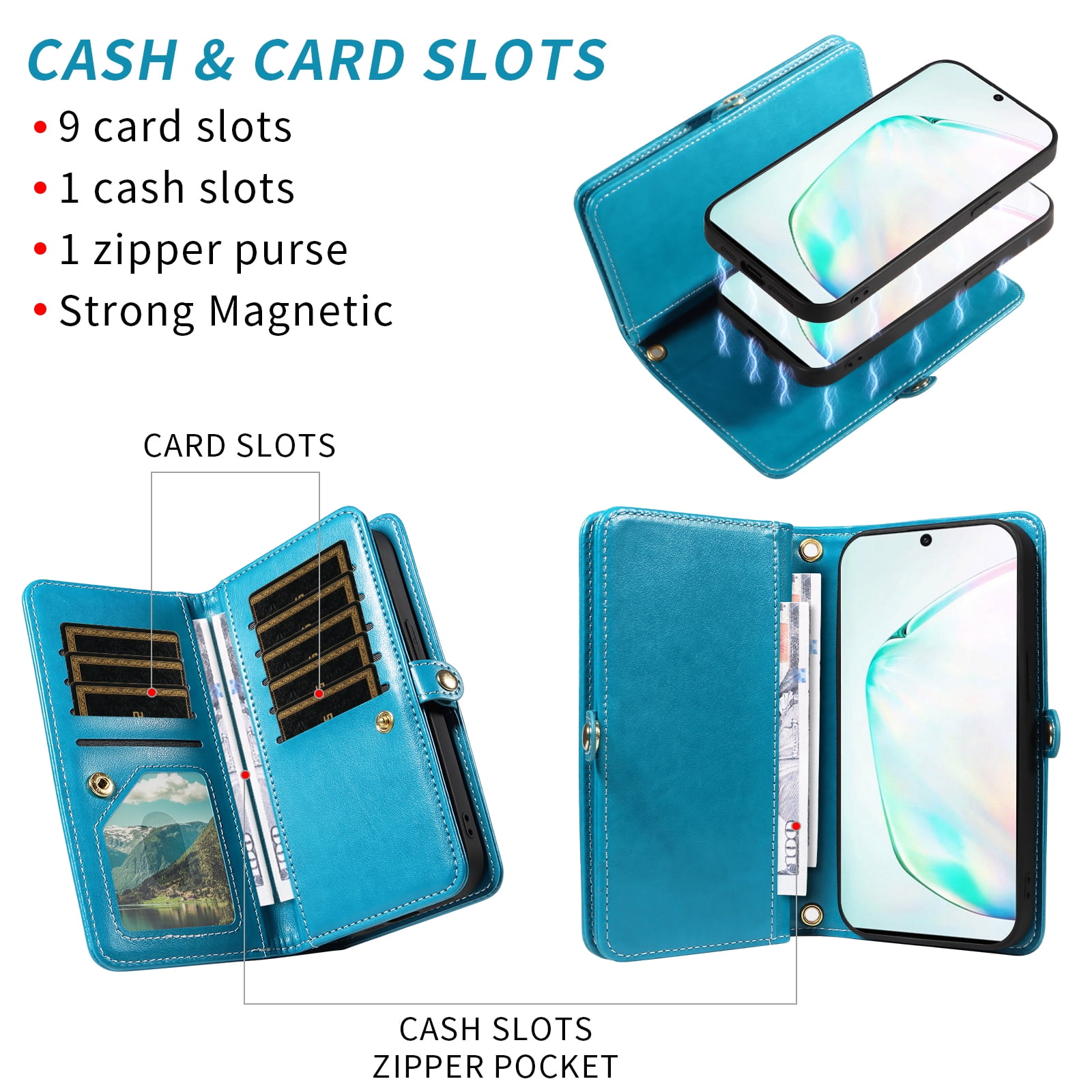 Asuwish Phone Case for Samsung Galaxy Note 10 5G Zipper Wallet Detachable Cell Cover with Tempered Glass Screen Protector Lanyard Strap Flower Flip Card Holder Note10 Notes 10s Ten Not S10 Women Blue