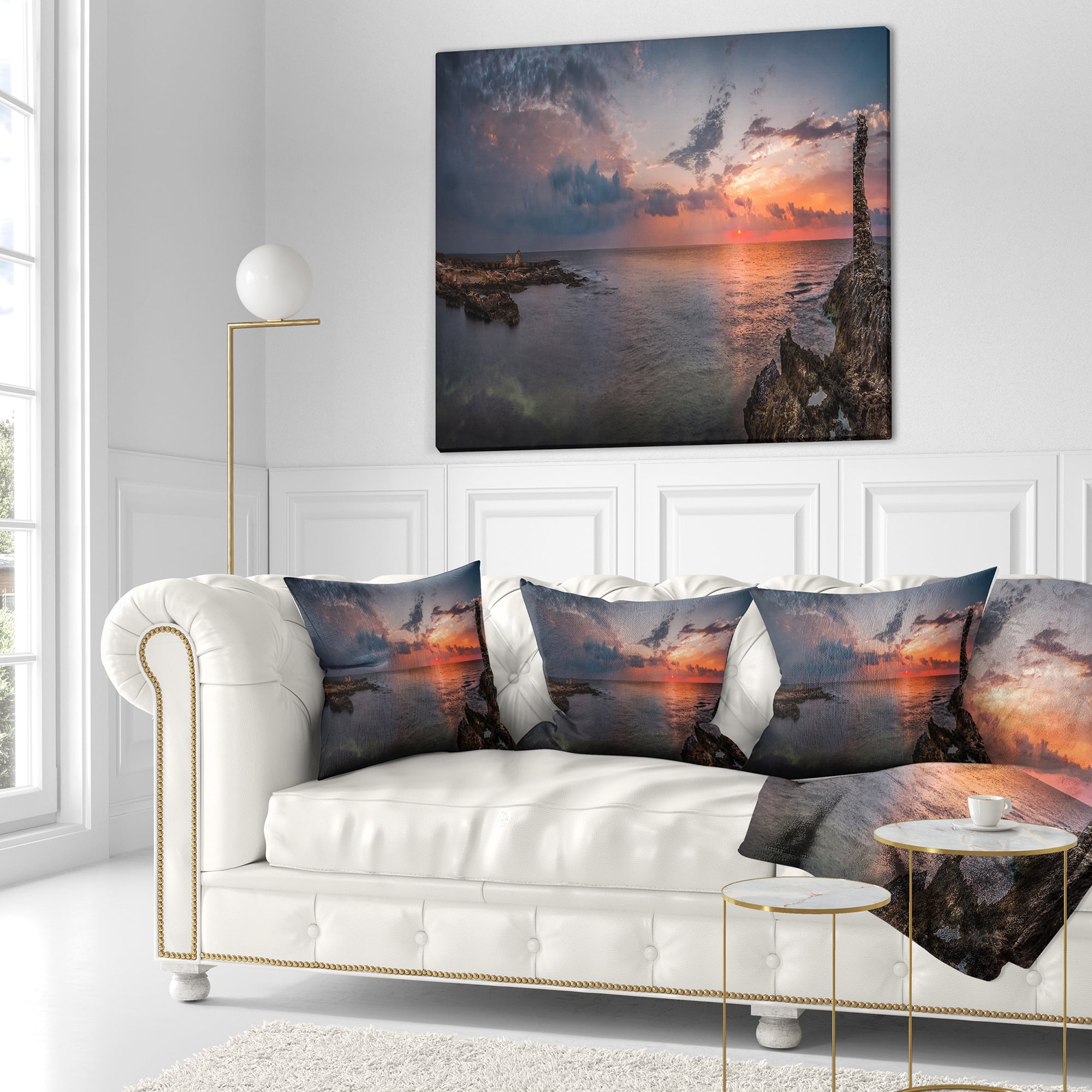Designart Ancient Ruins and Beach Panorama - Oversized Beach Throw Pillow - 18x18