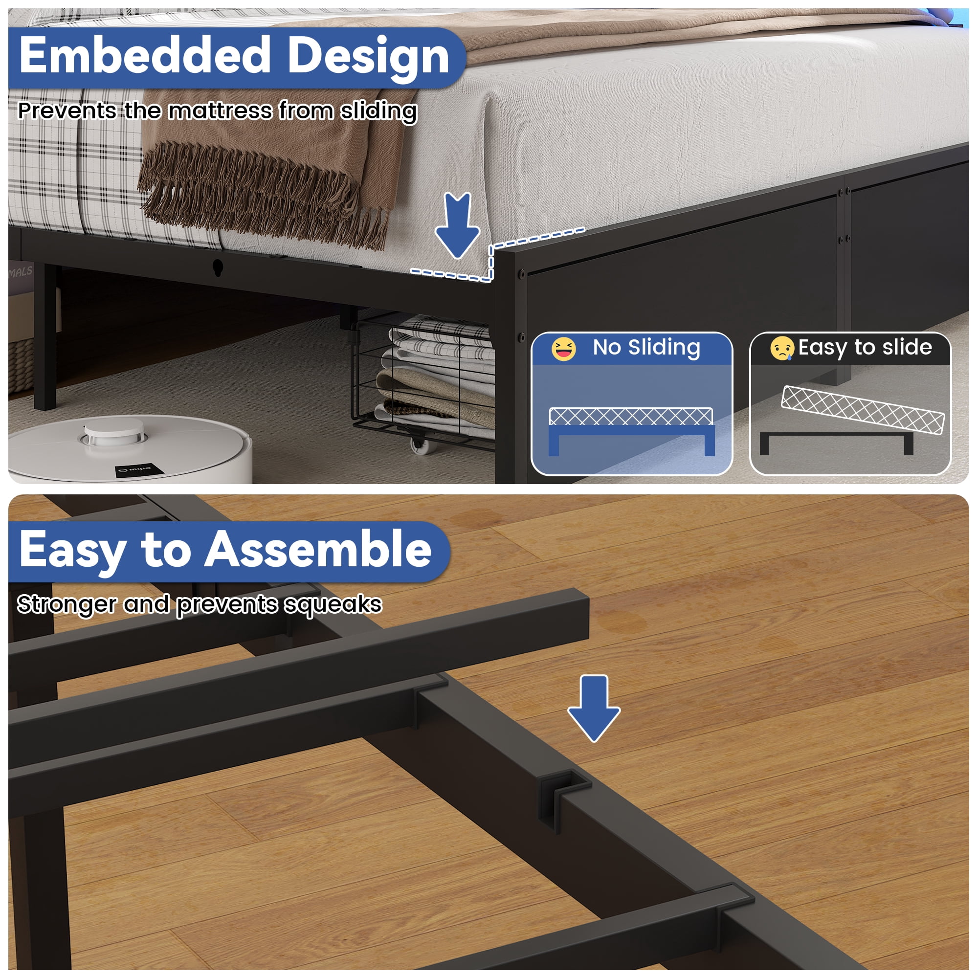 Miniyam King Size Bed Frame with Storage, 2-in-1 Convertible Twin Beds, LED & Charging Station, Gray