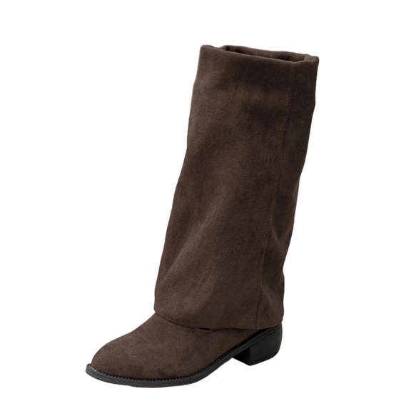 Xfvqtps Winter Boots for Women Retro Fla Mid Calf Boots Chunky Low Heel Pointed Toe Fashion Booties for Fall Outfits
