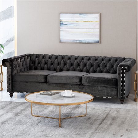 JERFIT 84" Velvet Chesterfield Sofa 3 Seater Couch with Tufted Back and Rolled Arms for Living Room