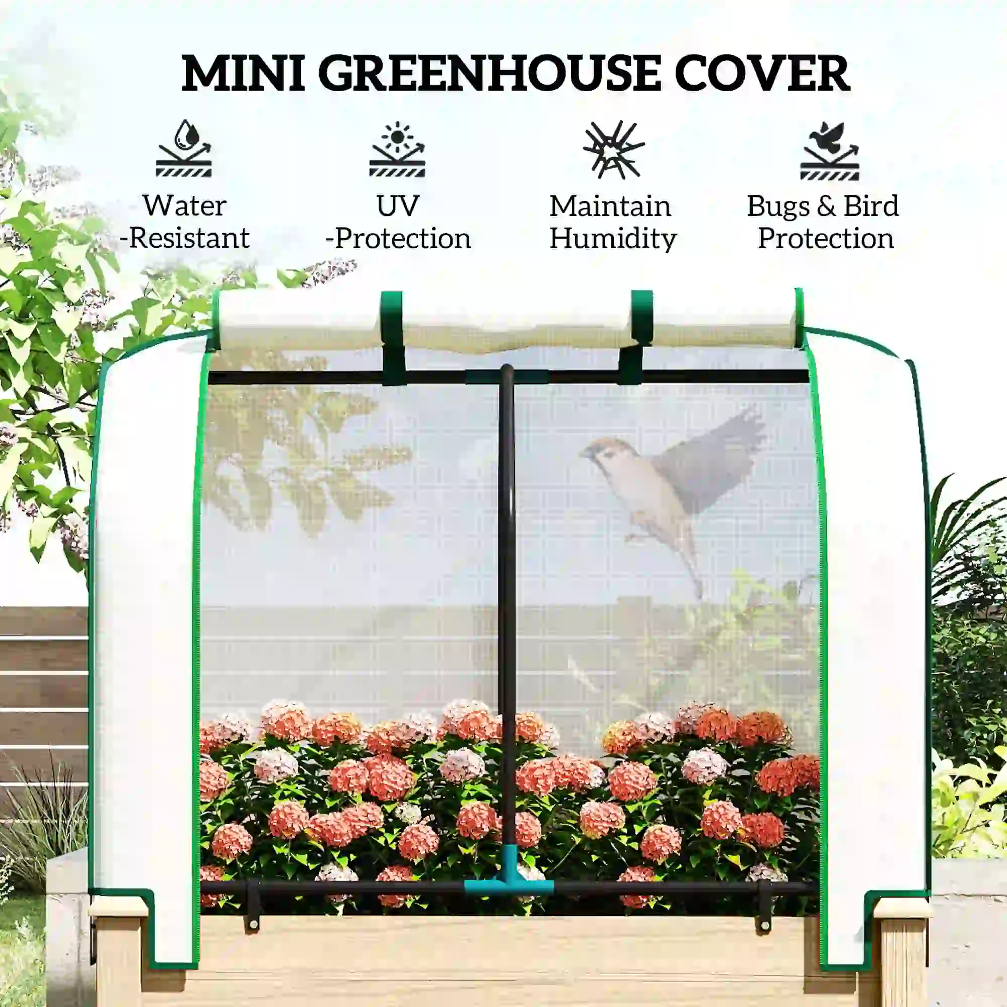 Raised Garden Bed with PE Cover, Fir Wood & Steel Frame, Roll-Up Ventilated Cover, Non-Woven Fabric, 4 Drainage Holes for Flowers Vegetables Outdoor