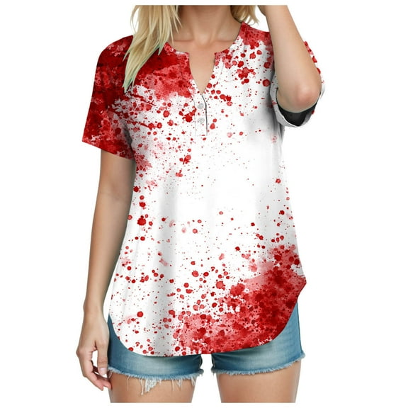 Towmus Halloween Clothes for Women Plus Size Casual V Neck Funny Tops Print Short Sleeve T-Shirt