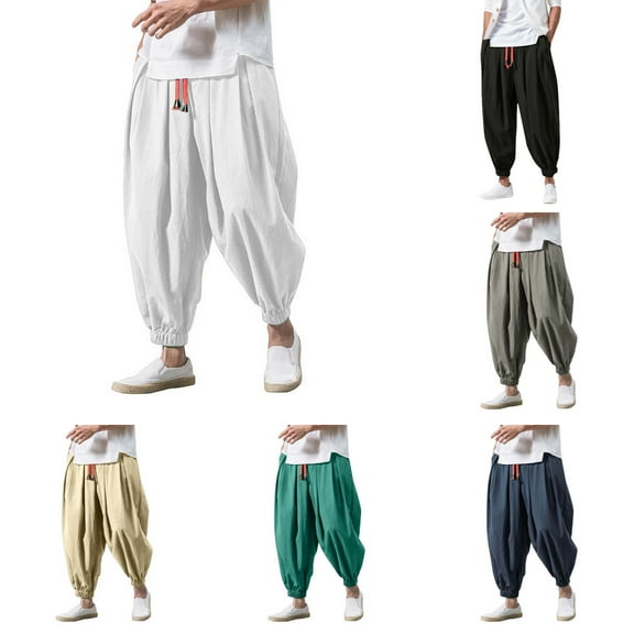 Mens Pants Relaxed Fit Men's Solid Harem Pants Loose Drop Crotch Trousers Elastic Drawstring Waist Drop Crotch Cotton Linen Pants Casual Pants for Men Army Green L
